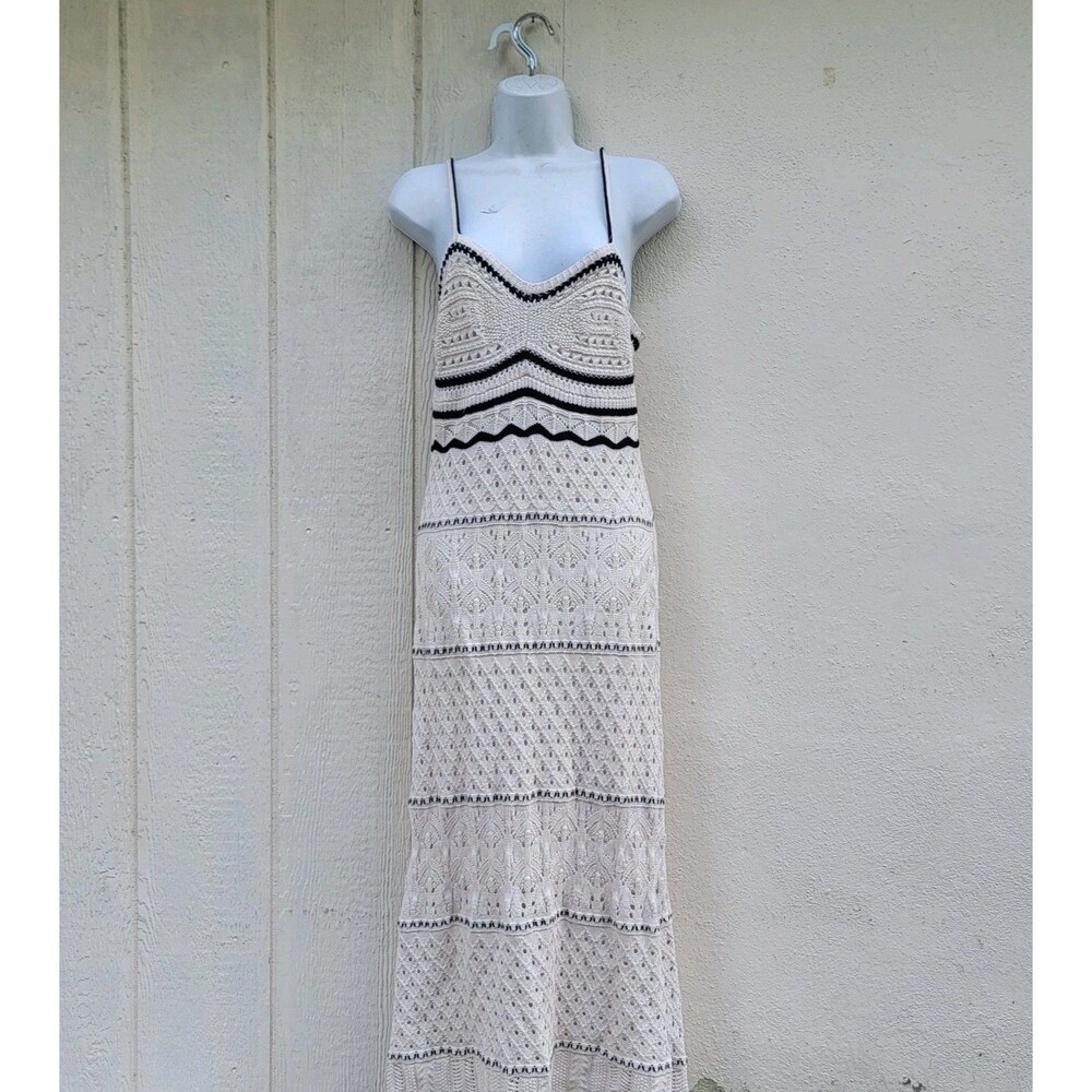 Women's Crochet Knit Striped Maxi Dress Sz L Blk/Wht  Beachy Boho Earthy